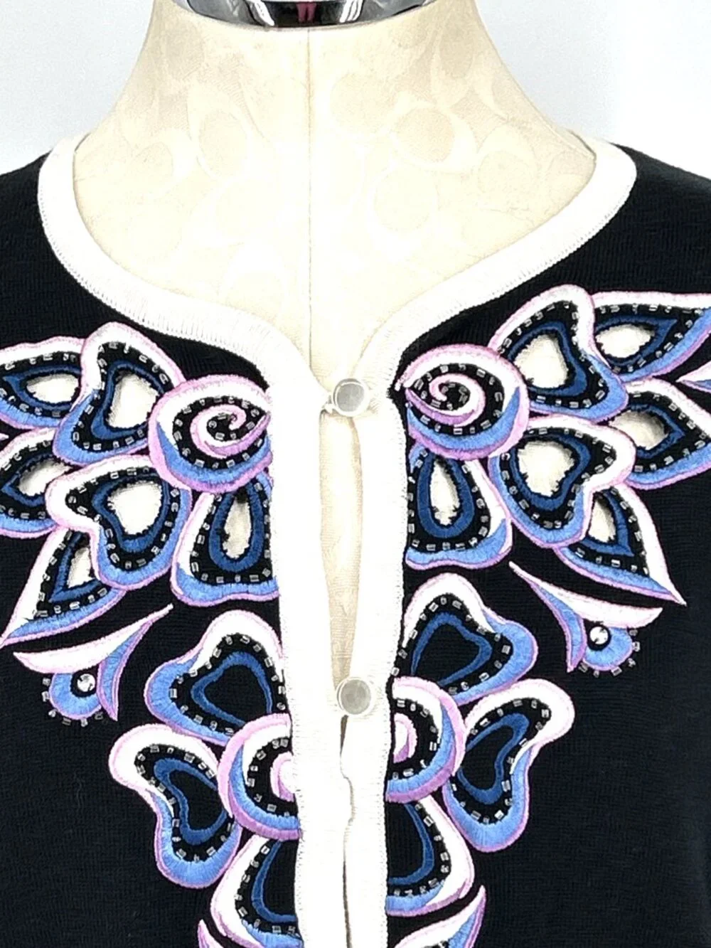 Bob Mackie Wearable Art Cardigan Sz S Sweater Black Embroidered Cut Out - Picture 2 of 7